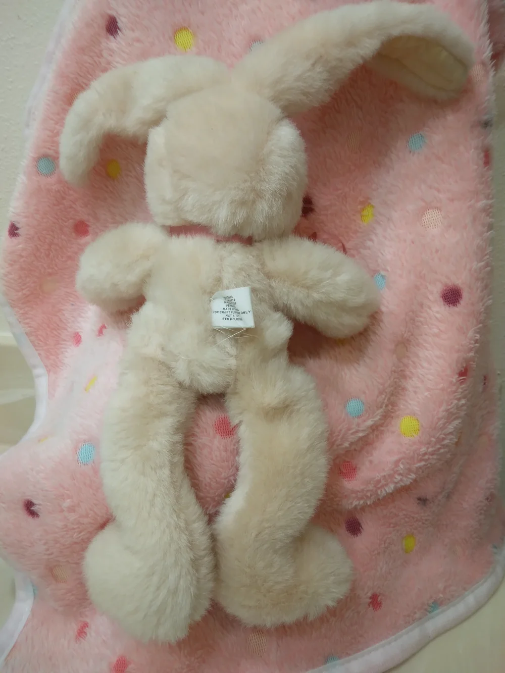 Vintage Plush Bunny in Cream with Pink Ribbon For Crafting and Decor